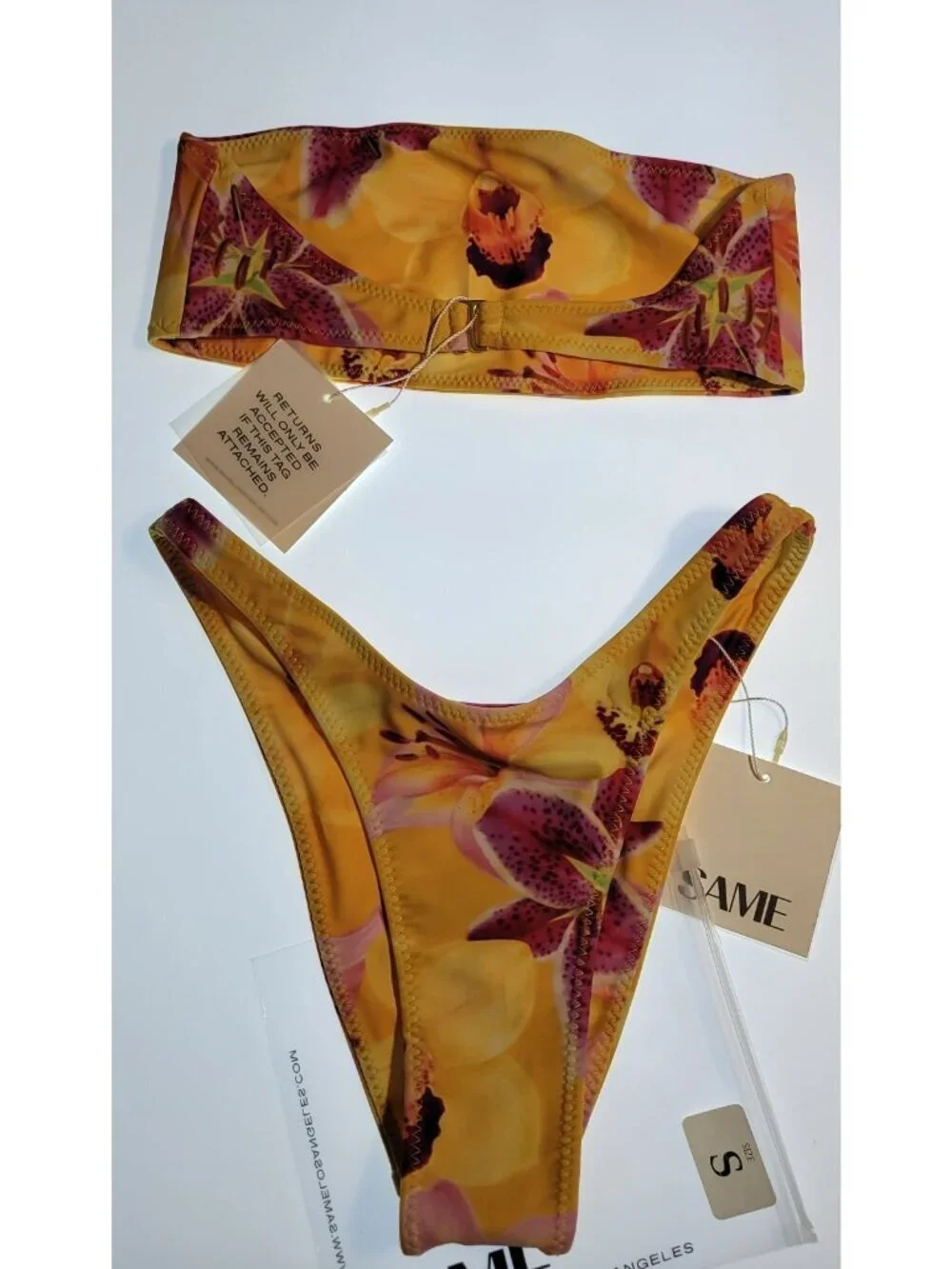 Bikini Set Womens Top Strapples-Bottom 90s  Floral Yellow
